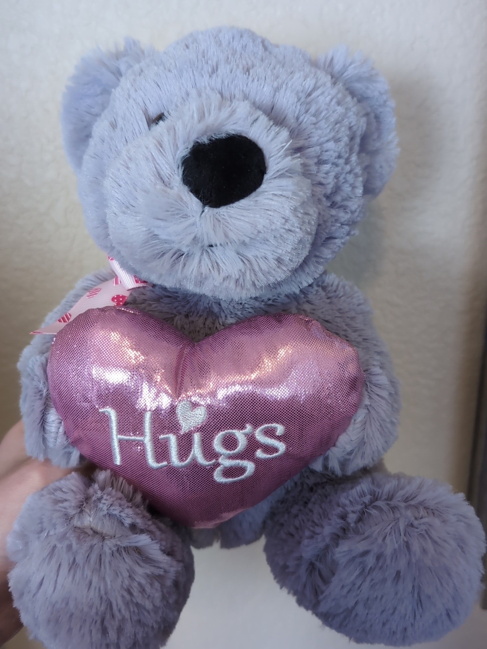 Plush Gray Teddy Bear with Pink Heart – Hugs Cuddly Toy